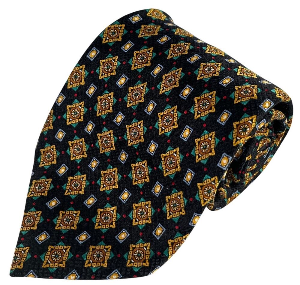 Meeting Street Black Gold Foulard Geometric Medallion Silk Necktie Italy 58x4